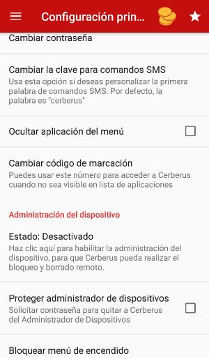 opciones principales de cerberus app