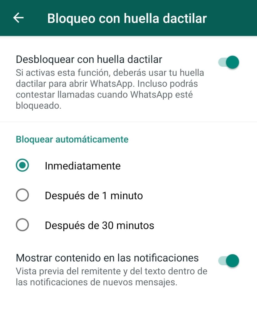 elegir intervalo de tiempo volver a solicitar huella en whatsapp android