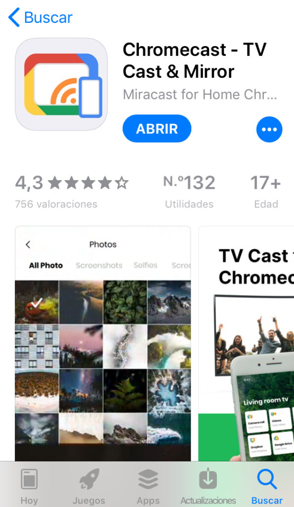 App “Chromecast” en la App Store del iPhone.
