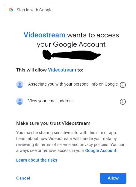 Ventana que te pregunta si le autorizas a Videostream a usar tus datos de tu cuenta de Gmail.