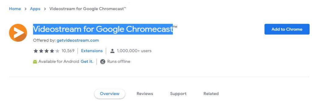 Página web para descargar la extensión “Videostream” para Chrome.