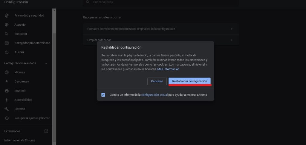 Restaurar valores predeterminados originales de la configuración