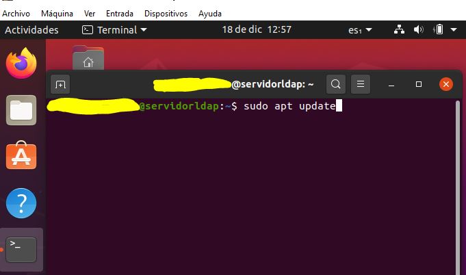 Comando “sudo apt update” en el terminal de Ubuntu.