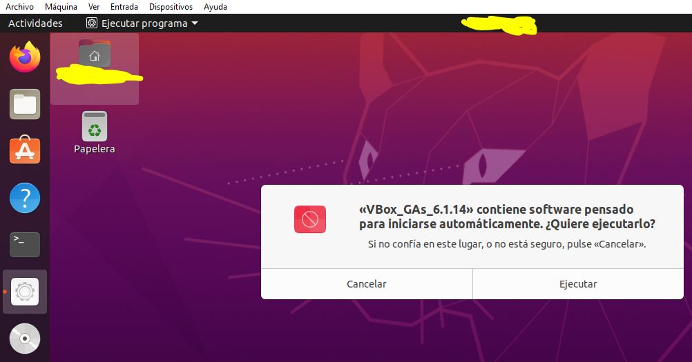 Asistente para ejecutar el CD de las Guest Additions en Ubuntu.
