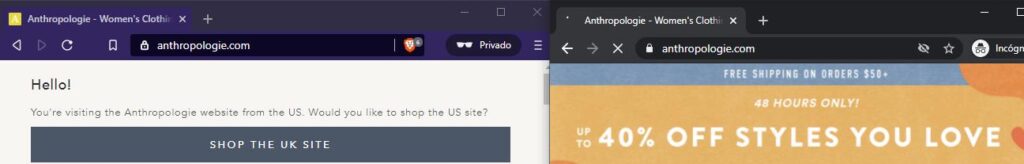 Sitio web de Anthropologie abierto en Brave y en Chrome. Como se observa en el icono a la izquierda del nombre del sitio en las pestañas de los navegadores, mientras el sitio web ya se ha cargado en Brave, el sitio no se ha terminado de cargar en Chrome.