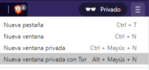Menú de hamburguesa de Brave mostrando la opción “Nueva ventana privada con Tor”.