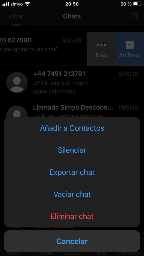 exportar chasts de whatsapp en iPhone