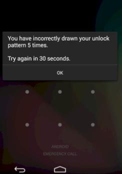 Mensaje de error que te aparece si insertas un patrón equivocado cinco veces al intentar desbloquear tu móvil con Android.