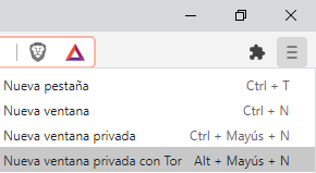 Menú de opciones del navegador web de Brave, el cual nos muestra la opción de poder abrir una ventana con Tor para poder navegar de forma anónima por internet.