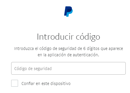 Formulario de PayPal que te pide que insertes tu código de tu app de verificación de dos pasos para iniciar sesión.