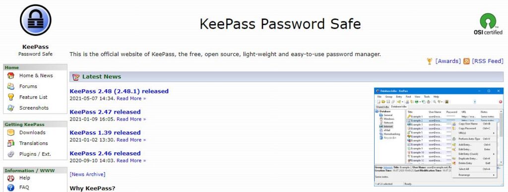 Sitio web del gestor de contraseñas KeePass.
