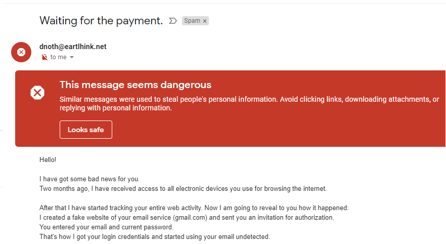 Email de un usuario sospechoso tratando de chantajear a otro usuario usando la técnica del phishing.