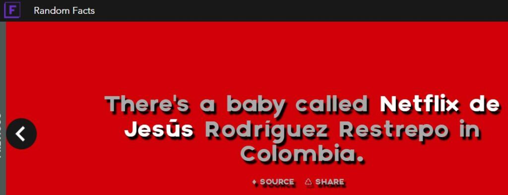 Página de inicio de FACTSlides mostrando el dato curioso de que hay un bebé llamado Netflix en Colombia.