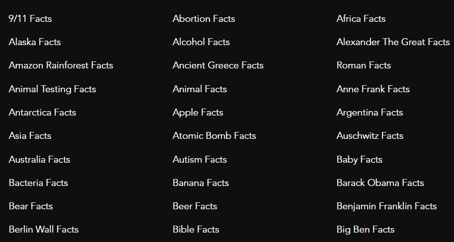 Lista con algunas de las categorías de las curiosidades disponibles en FACTSlides.