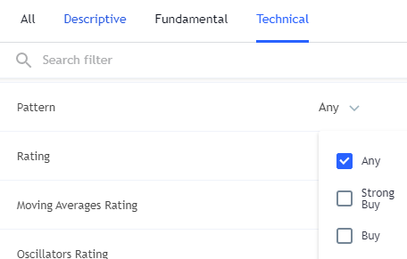 Apartado “Technical” de los filtros del Crypto Screener mostrando la opción “Rating” y su respectivo menú desplegable, el cual muestra la opción “Buy”.