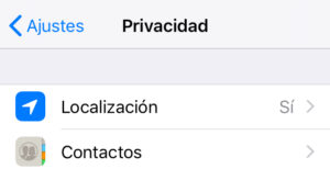 Opción “Localización” del apartado “Privacidad” de la app de Ajustes.