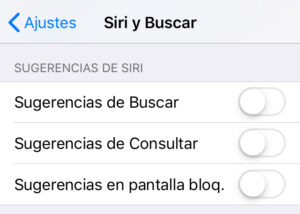 Opciones del apartado “SUGERENCIAS DE SIRI” desactivadas en un iPhone con iOS 12.