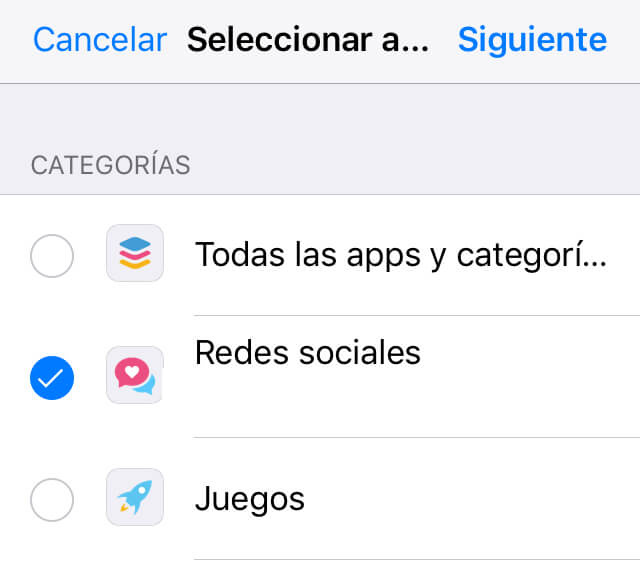 Menú de “Añadir límite”, el cual muestra la opción “Redes sociales” y el enlace que dice “Siguiente”.