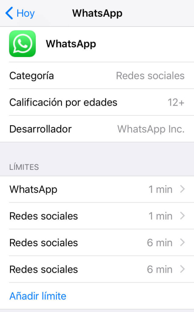 Menú de configuración de los controles parentales de WhatsApp mostrando la opción “Añadir límite”.