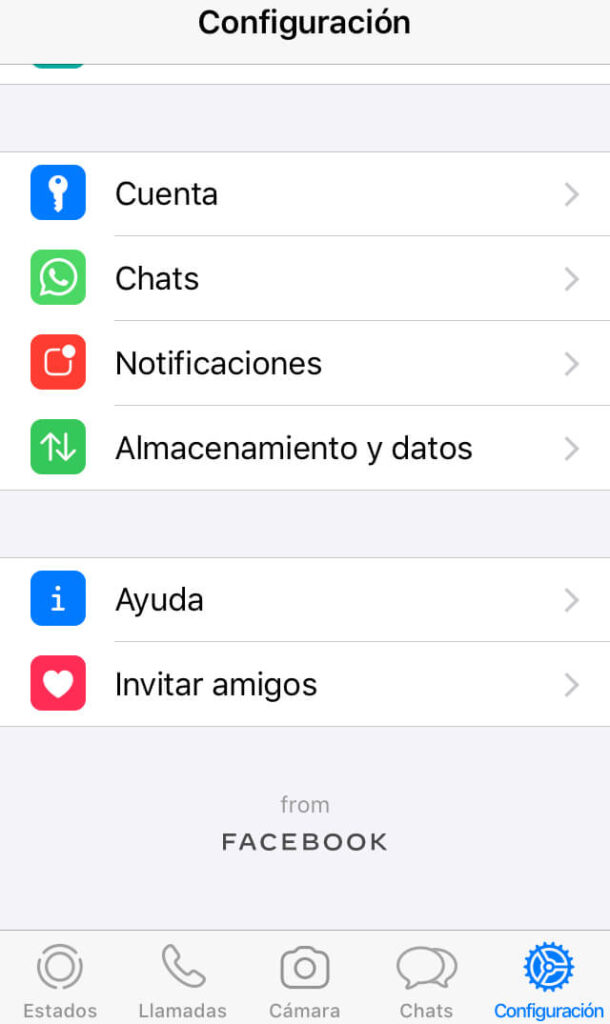Menú de configuración de WhatsApp.