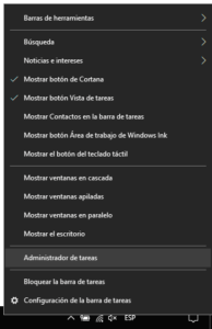 Menú que aparece al hacer clic derecho en la barra de tareas de Windows 10, el cual muestra la opción “Administrador de tareas”.