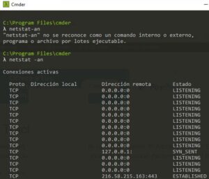 Símbolo del sistema mostrando el comando “netstat - an”, y una IP con la dirección “216.58.215.163”. En este caso, optamos por usar un emulador del símbolo del sistema llamado Cmder.