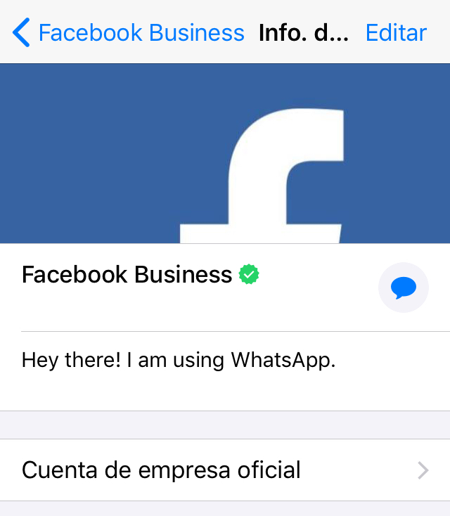 Perfil de WhatsApp de la cuenta de empresa de Facebook.