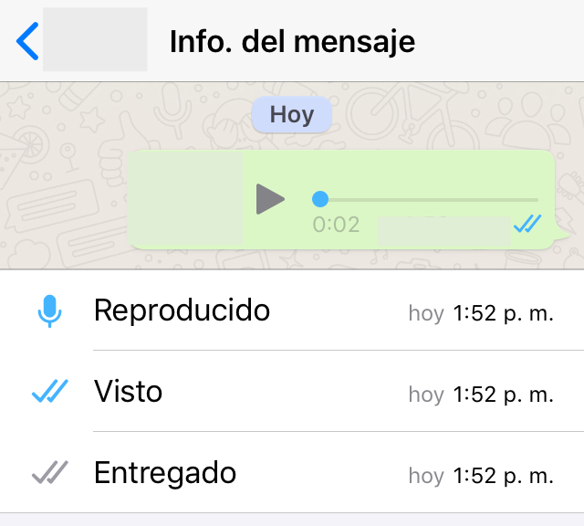 Ventana mostrando la hora en el que una nota de voz fue reproducida en un chat de WhatsApp.