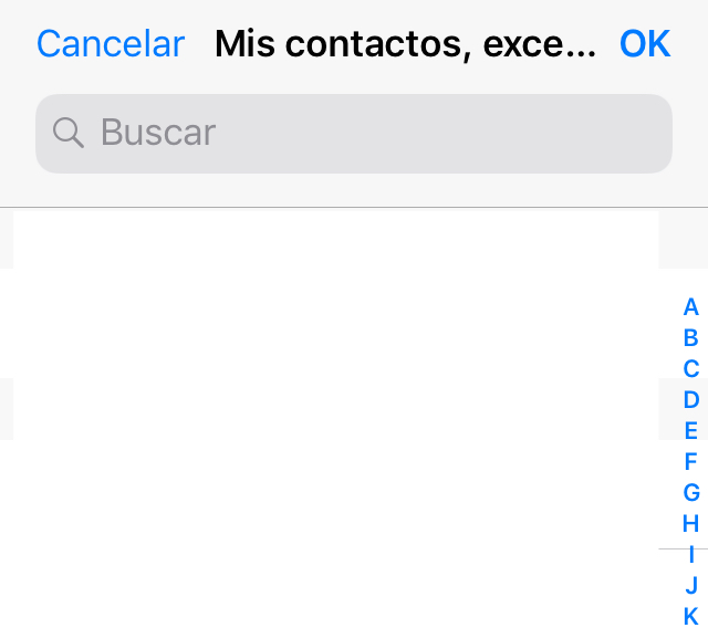 Lista de contactos de WhatsApp, el cual aparece después de tocar la opción “Mis contactos, excepto...”.