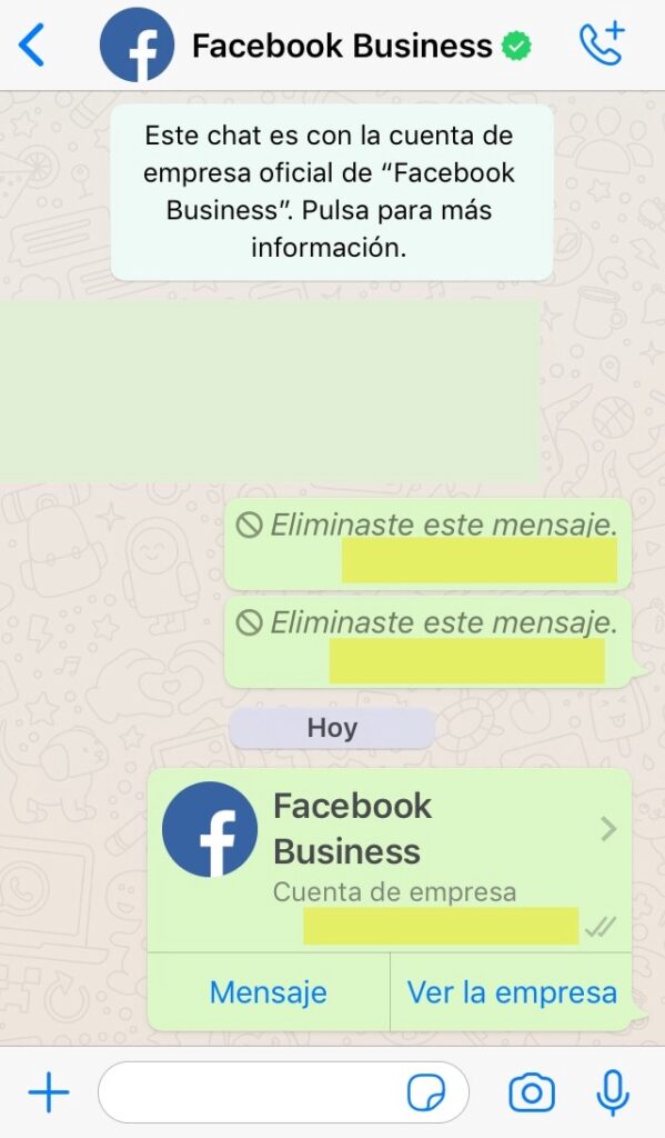 Chat mostrando la tarjeta de contacto de la cuenta de empresa de Facebook de WhatsApp. Se observa que el usuario guardó esta cuenta con el nombre “Facebook Business”.
