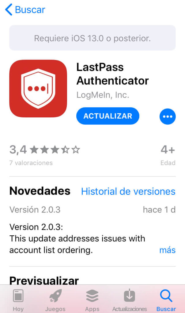 App de autenticación de dos pasos de LastPass en la App Store de un iPhone.