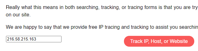 Sitio web de Trace An IP mostrando una casilla con la IP “216.58.215.163”, y un botón que dice “Track IP, Host, or Website”. 