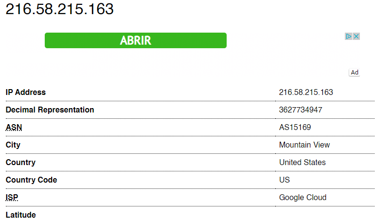 Página web de Trace An IP mostrando la ciudad, el país, y hasta la latitud de la IP “216.58.215.163”.