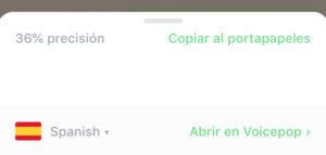 Transcripción de una nota de voz de WhatsApp mostrando las opciones “Copiar al portapapeles” y “Abrir en Voicepop”.
