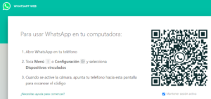 Versión web de WhatsApp, el cual muestra un código QR para que pueda iniciar sesión en él.