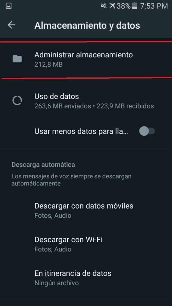 Administrar almacenamiento en Whatsapp Android