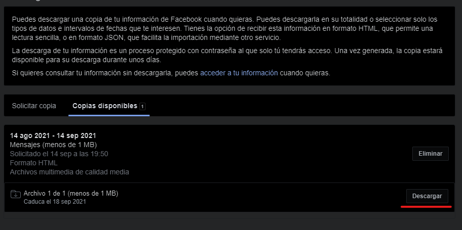 Descargar archivo de backup de facebook