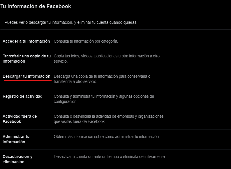 Descargar tu información de Facebook