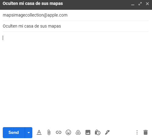 Ventana para redactar un email en Gmail, en donde se observa que se está redactando un correo para mapsimagecollection@apple.com.