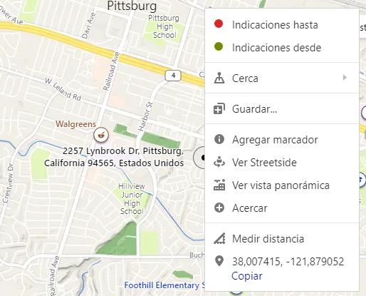 Mapa de Bing Maps mostrando un menú con la opción “Ver Streetside”.