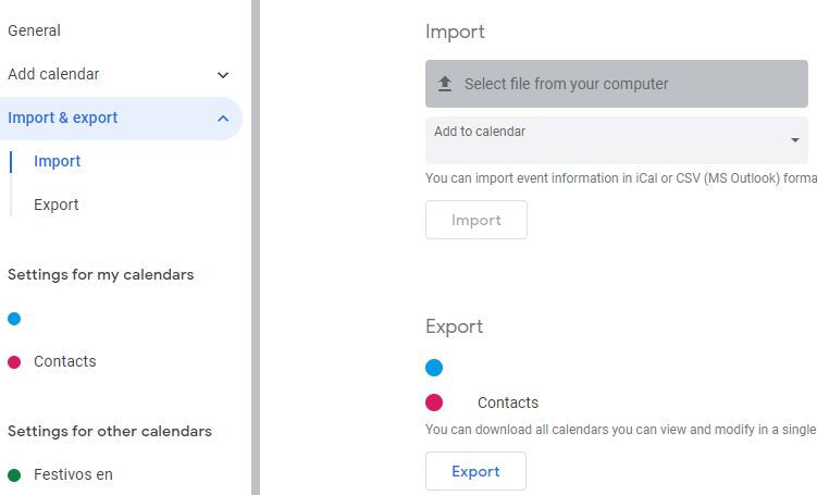 Opciones “Import & Export”, “Export”, “Import” y “Select file from your computer” de la configuración de Google Calendar.