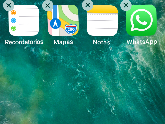 Pantalla de inicio de un iPhone mostrando la app de WhatsApp y otras apps. Las apps se están moviendo debido a que el usuario tocó y dejó presionado una de ellas.