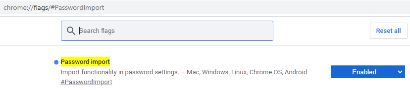 Lista de funciones experimentales o “flags” de Google Chrome, en donde se observa que se ha activado la función “Password import”.