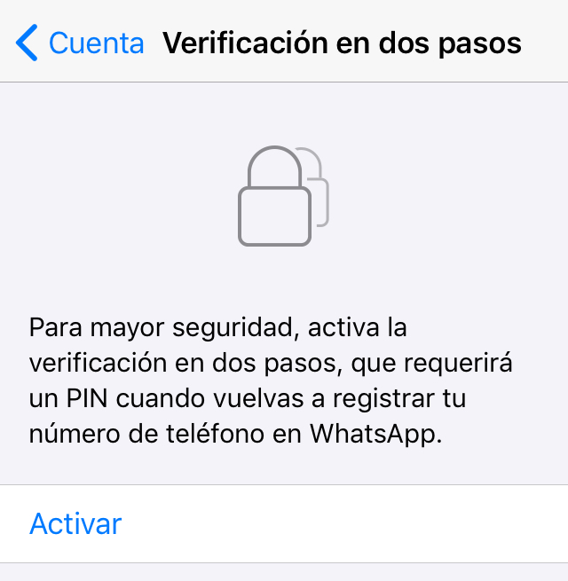 Opción “Activar” del apartado “Verificación en dos pasos” de WhatsApp.