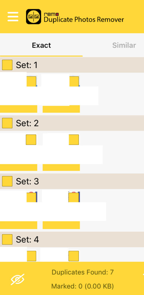 Remo Duplicate mostrando una lista de fotos duplicadas en un móvil. En el pie de la app, se observa un icono de un ojo con una línea diagonal.