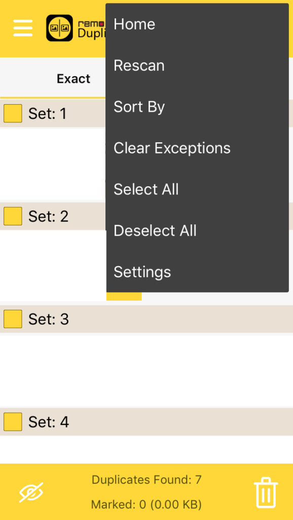 Menú que aparece después de tocar el icono de los tres puntos en Remo Duplicate, en donde se observa la opción “Select All”. También se observa el icono del bote de basura.