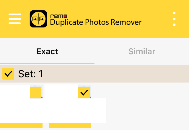 Cuadrados amarillos con una marca de verificación que aparecen sobre las fotos duplicadas y en uno de los apartados “Set” de Remo Duplicate.