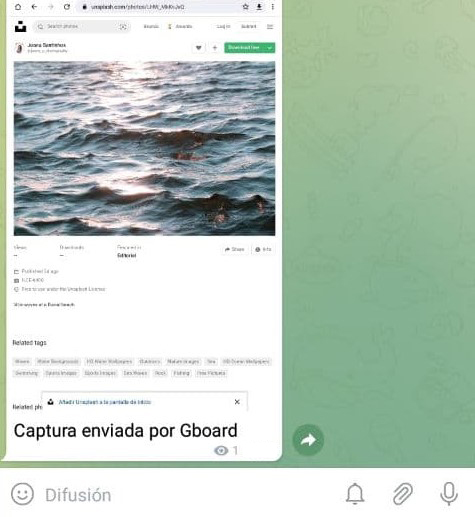 Chat de Telegram mostrando una captura de pantalla que fue enviada usando Gboard.