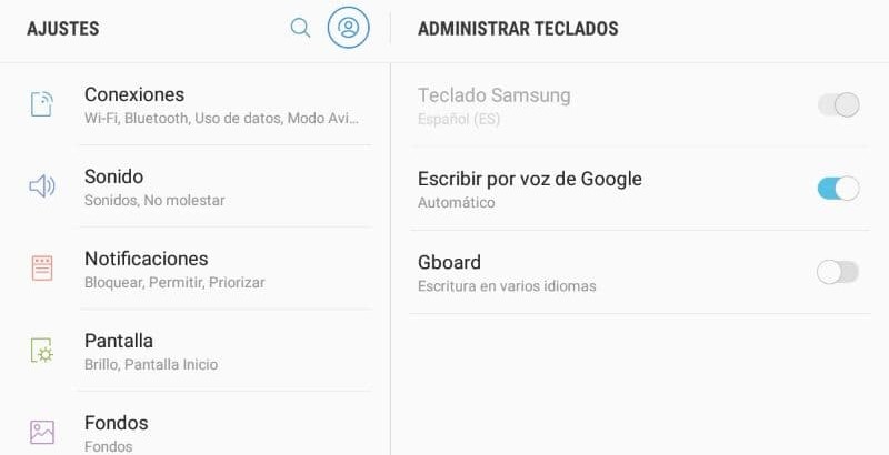 Menú de ajustes de una tableta con Android mostrando la opción “Gboard” en un apartado llamado “ADMINISTRAR TECLADOS”.