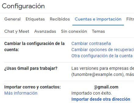 Pestaña “Cuentas e importación” de la ventana de configuración de Gmail, el cual muestra un apartado que dice “Importar correo y contactos”.